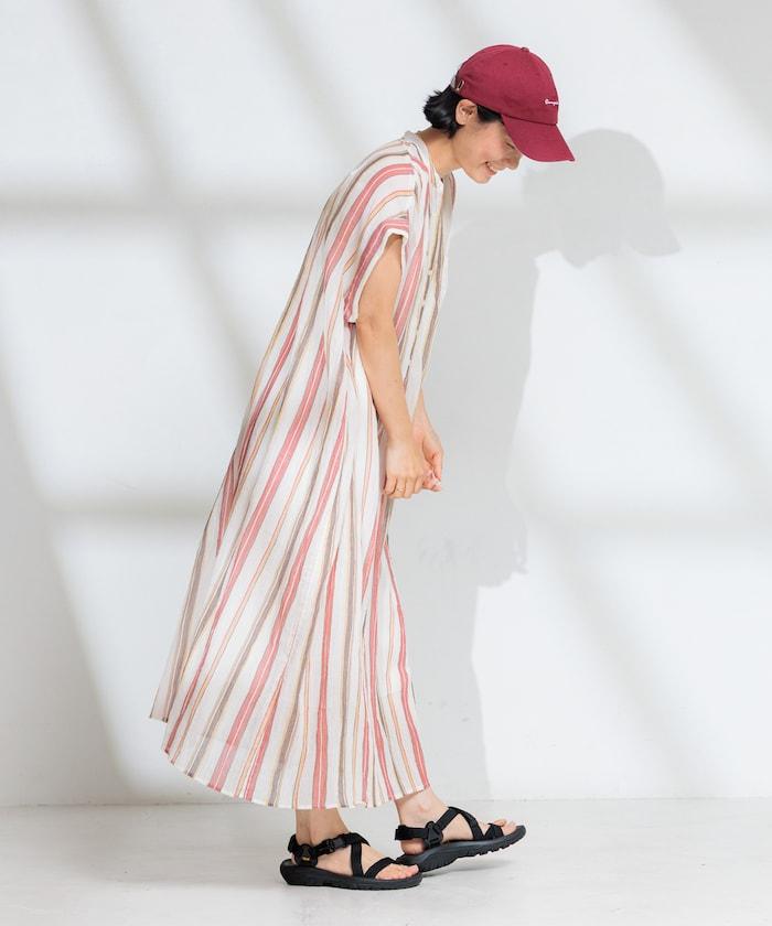 印度棉褶皺亨利領連衣裙