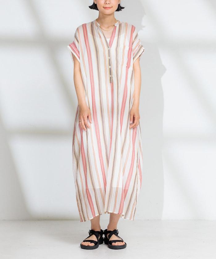 印度棉褶皺亨利領連衣裙