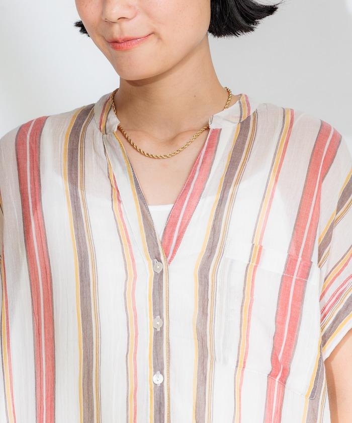 印度棉褶皺亨利領連衣裙