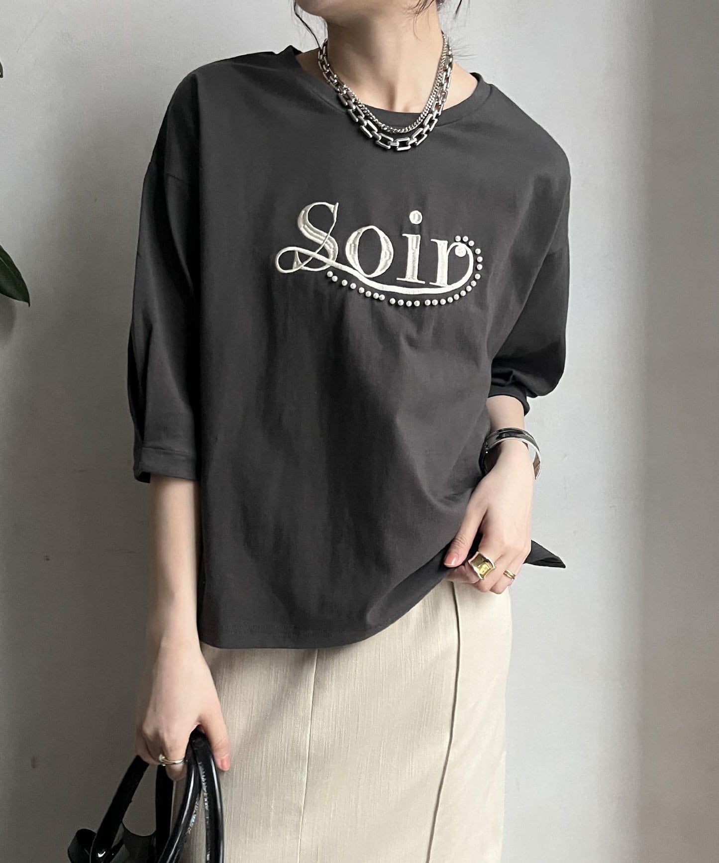【限定】珍珠logo刺繡褶皺袖套頭衫