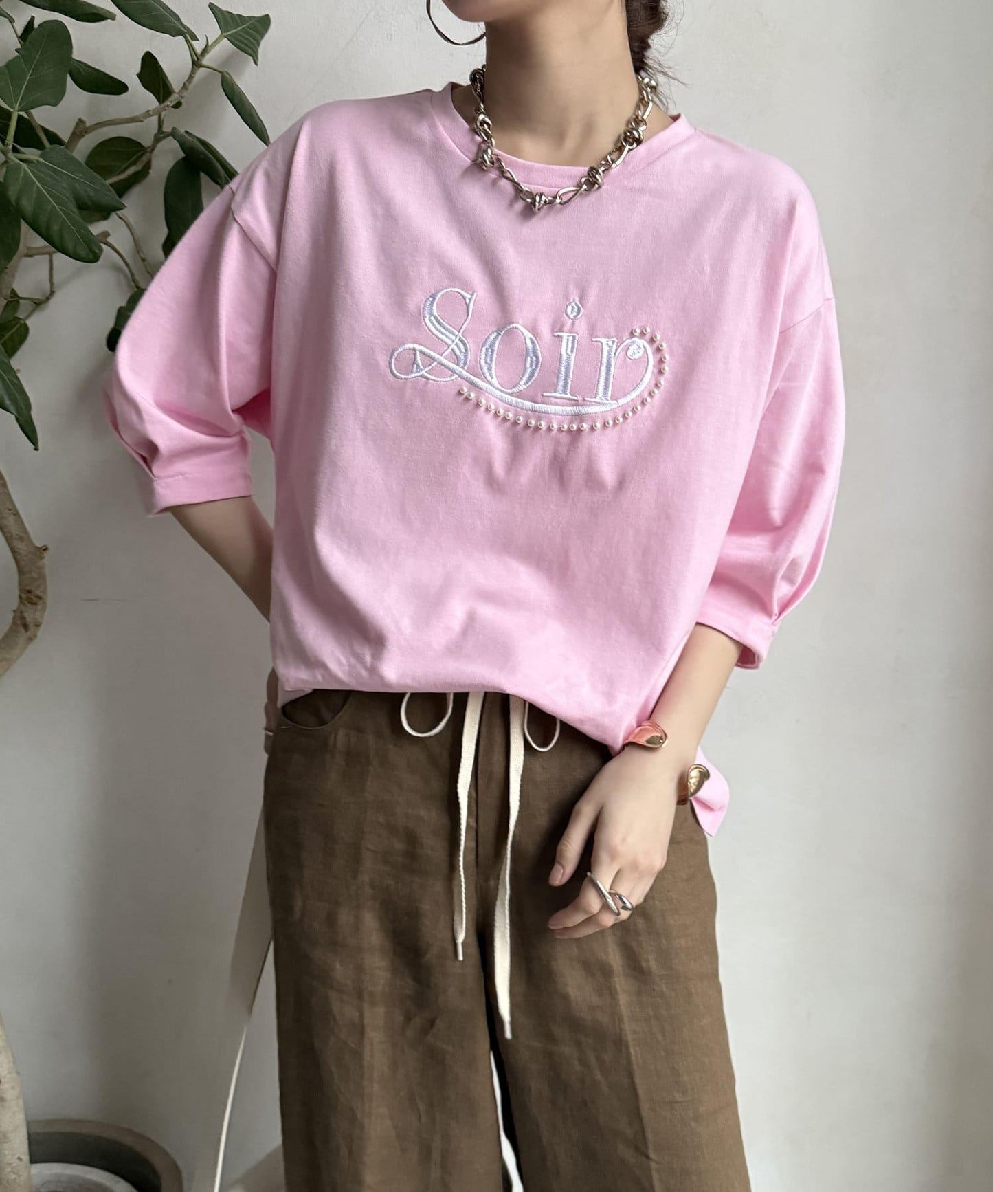 【限定】珍珠logo刺繡褶皺袖套頭衫
