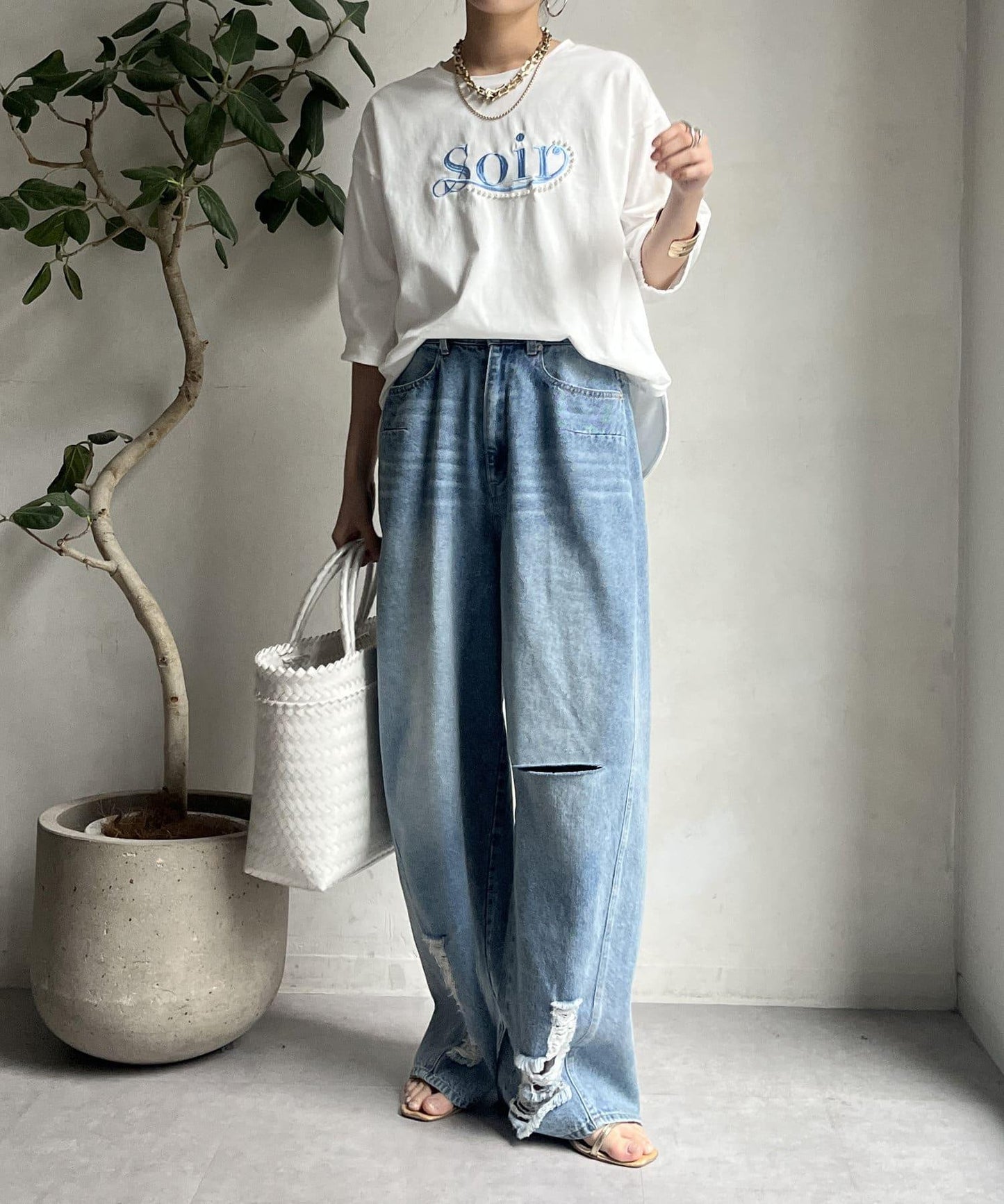 【限定】珍珠logo刺繡褶皺袖套頭衫