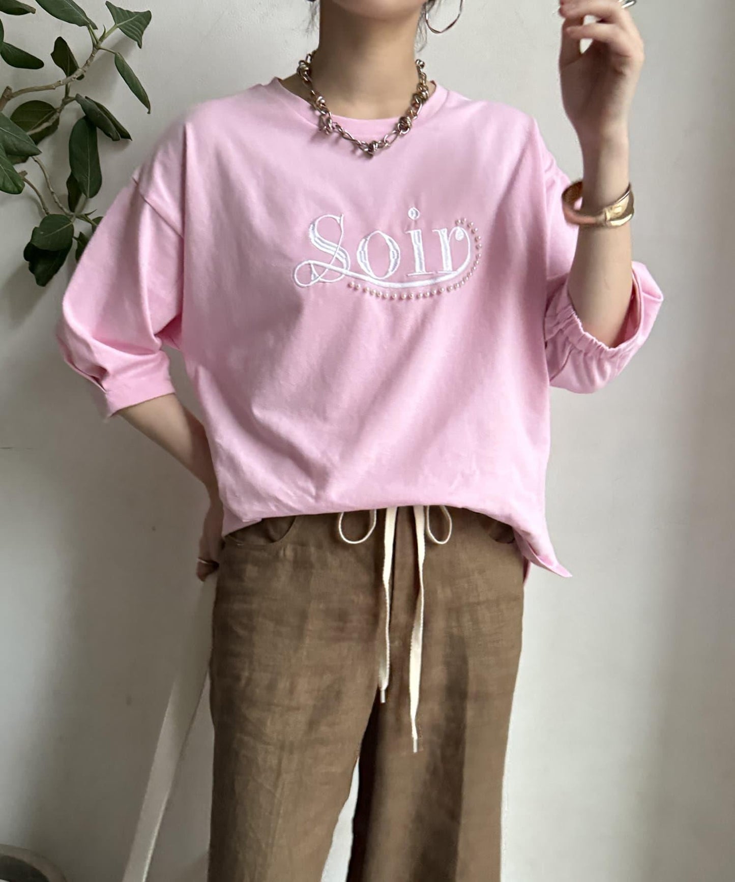 【限定】珍珠logo刺繡褶皺袖套頭衫