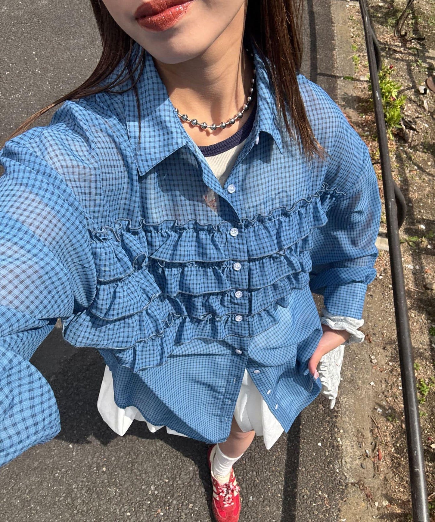 荷葉邊拼接上衣