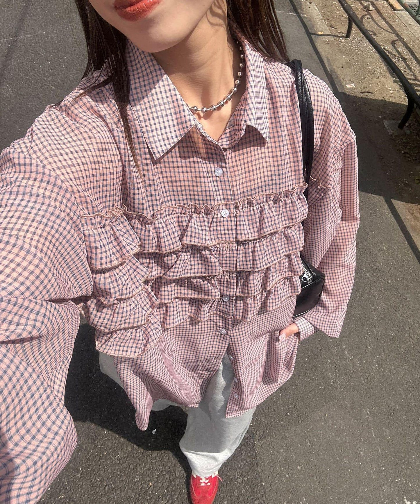 荷葉邊拼接上衣