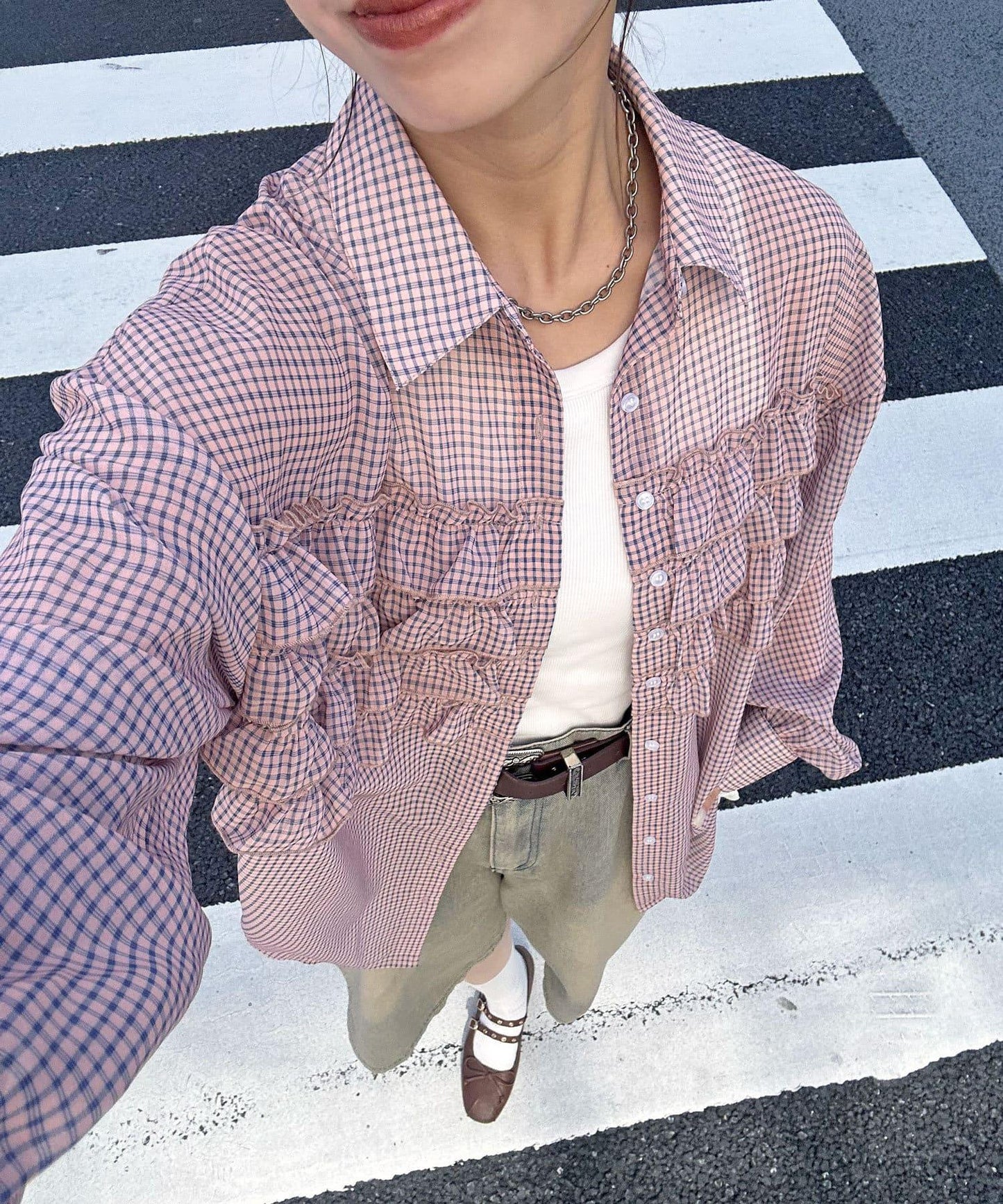 荷葉邊拼接上衣