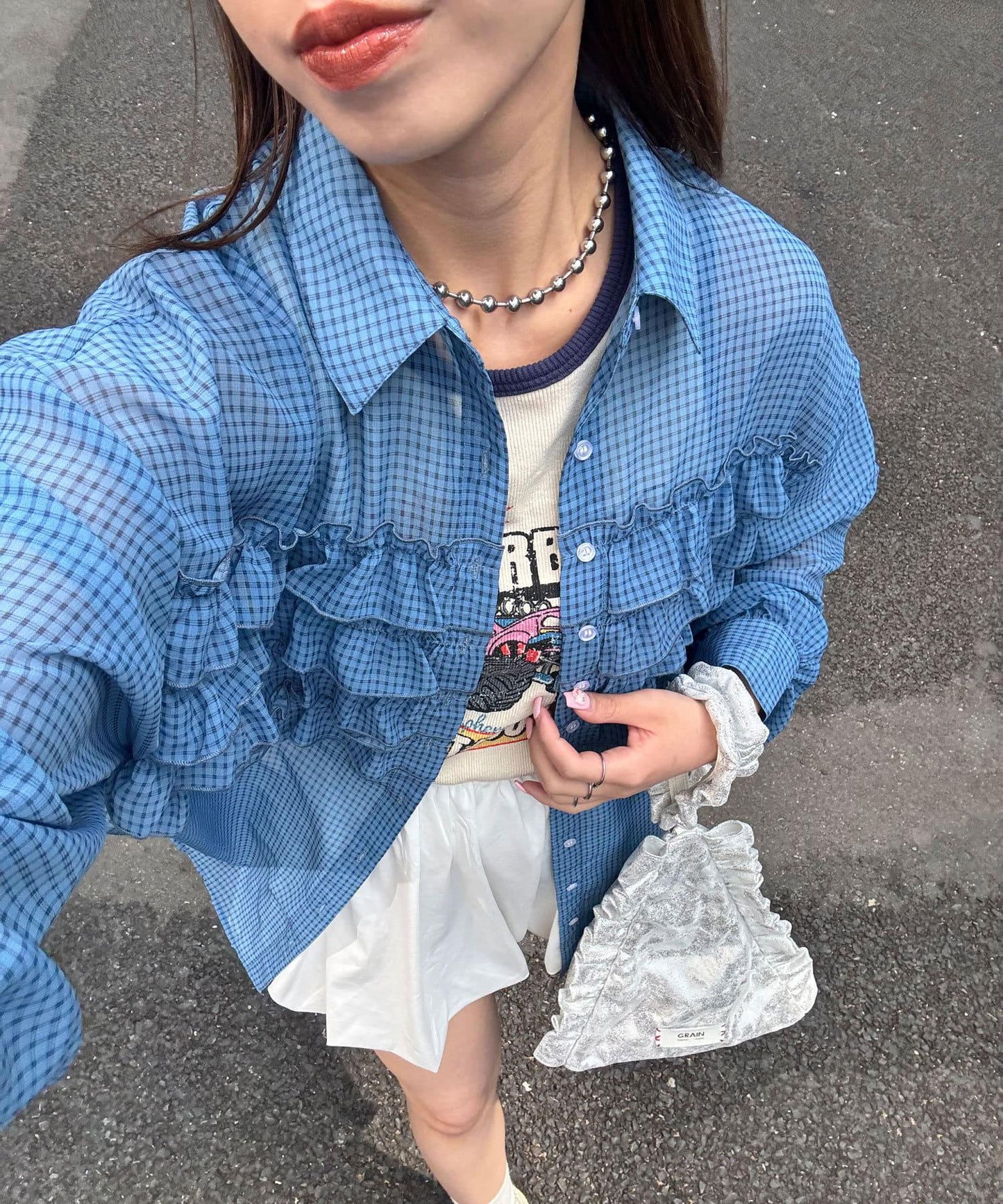 荷葉邊拼接上衣