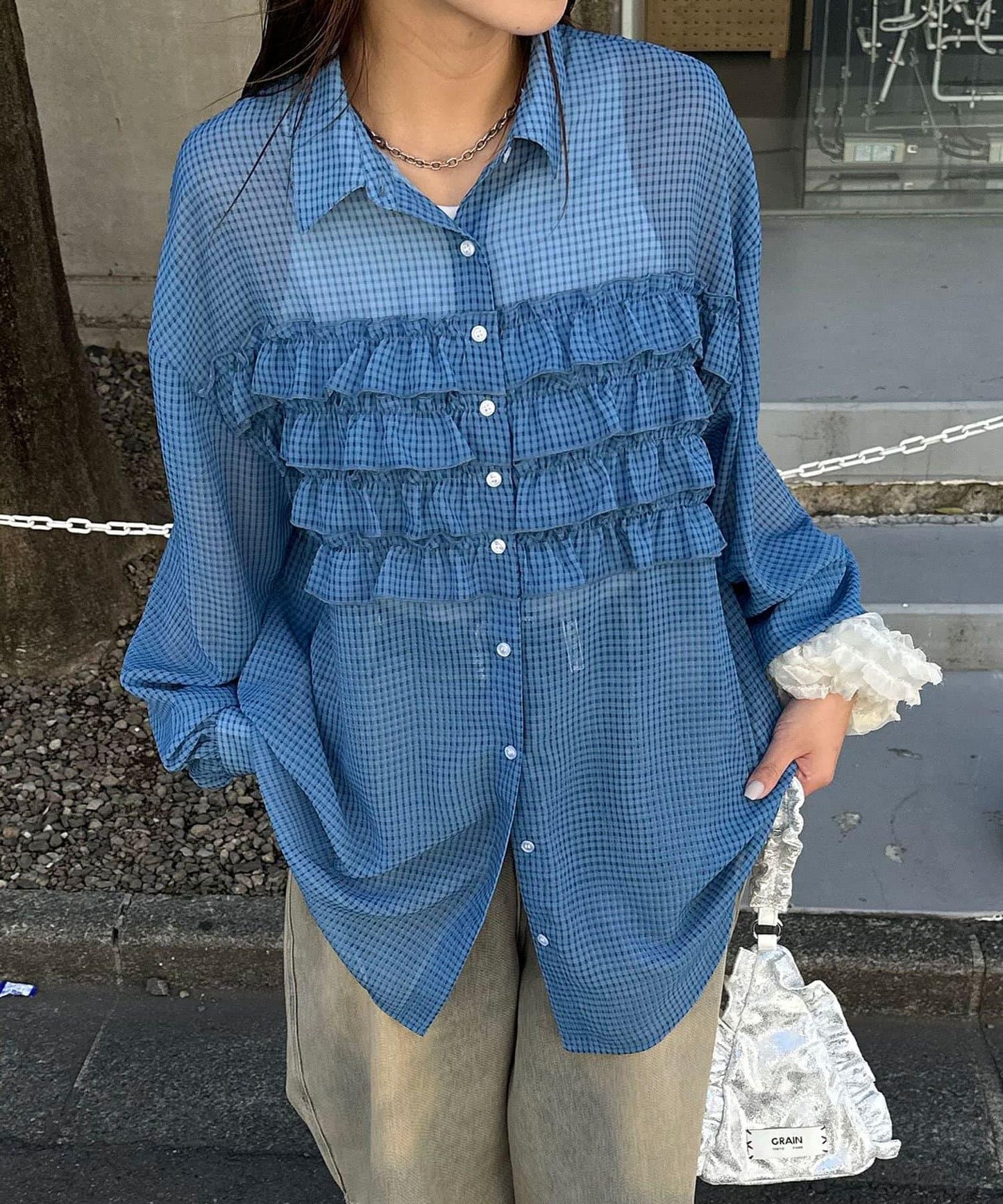 荷葉邊拼接上衣