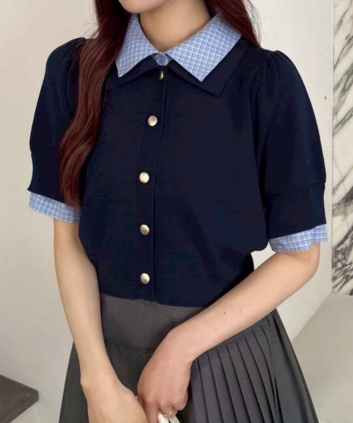 襟子可拆卸/重疊領半袖針織衫