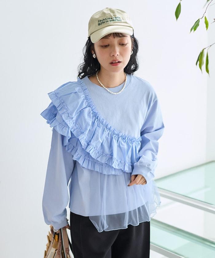 褶邊蕾絲拼接長袖T恤