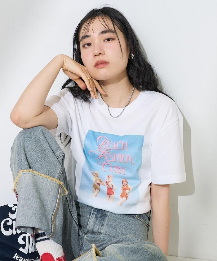 女孩子海灘照片印花T恤