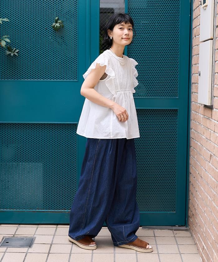 亞麻混紡弧形休閒褲