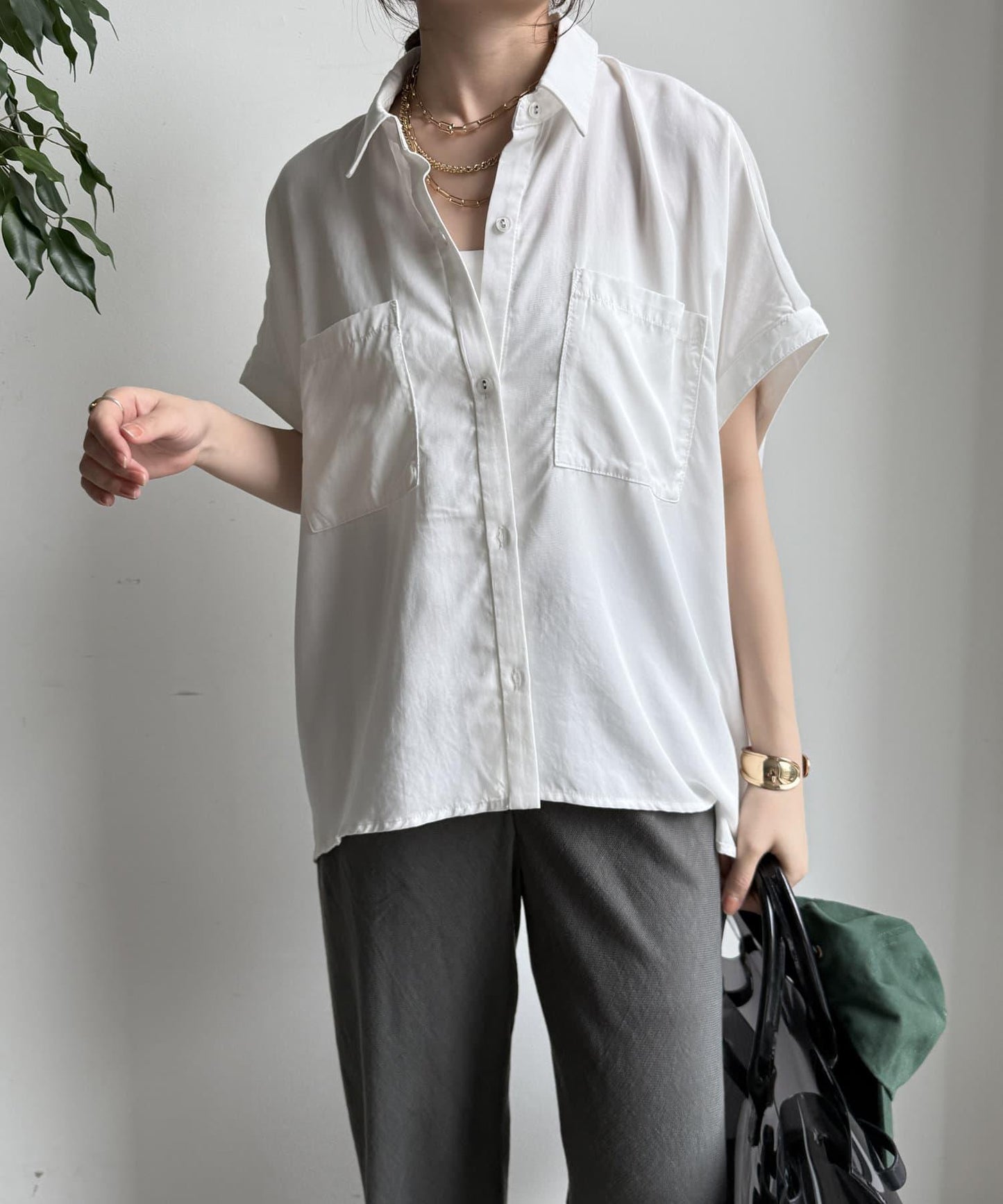 【限定】人造絲×喬其特拼接襯衫