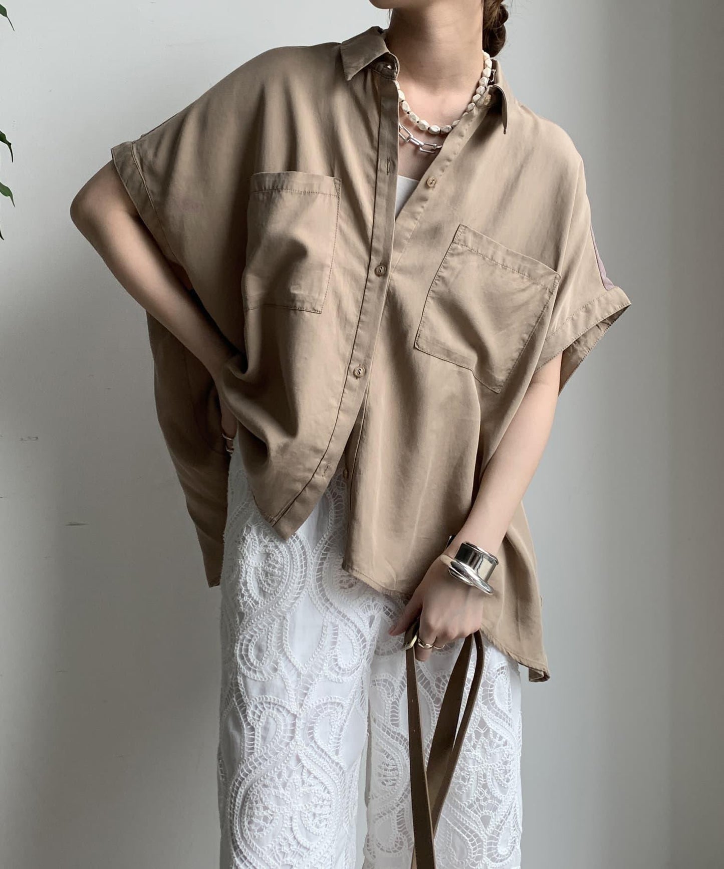 【限定】人造絲×喬其特拼接襯衫