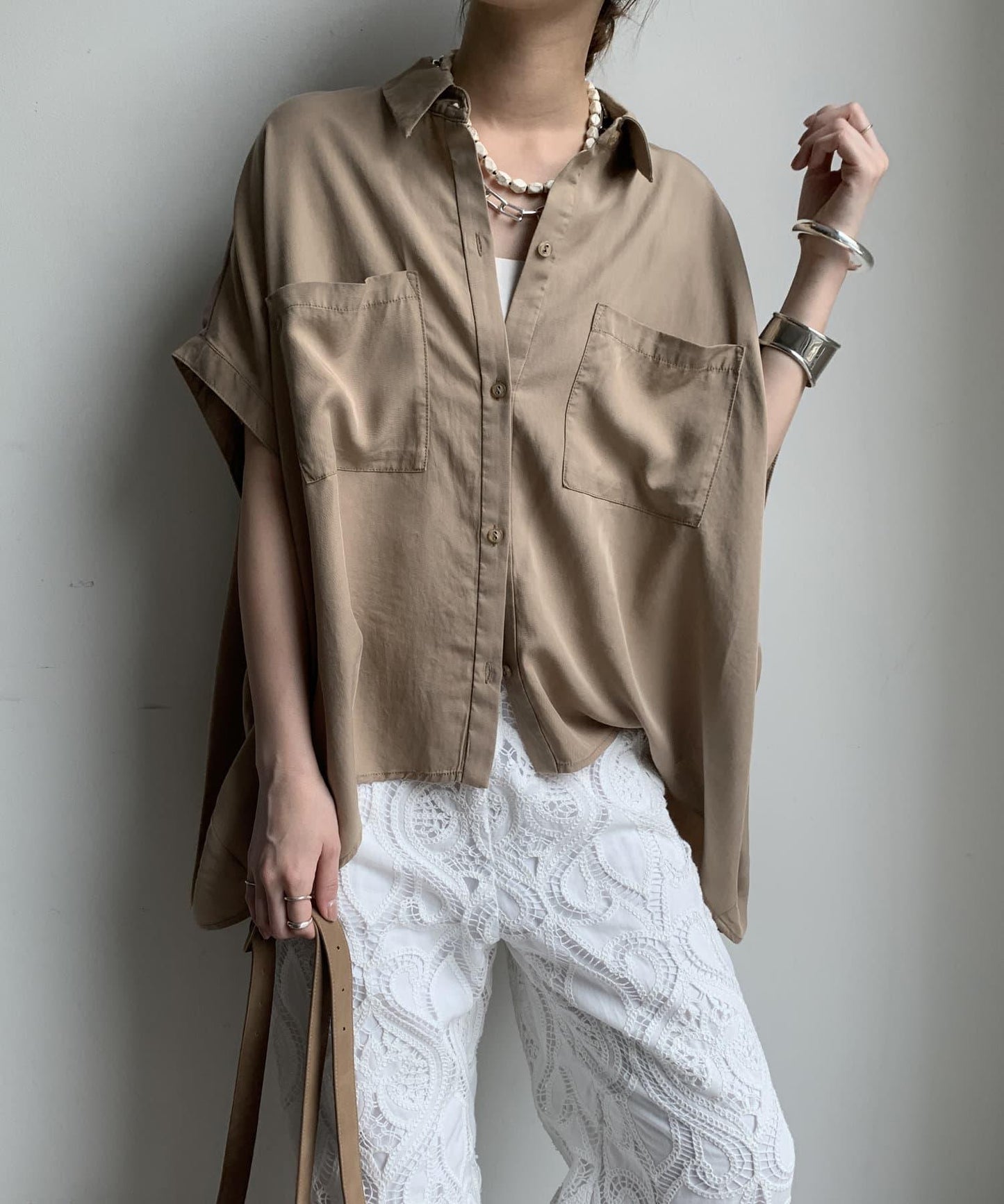 【限定】人造絲×喬其特拼接襯衫