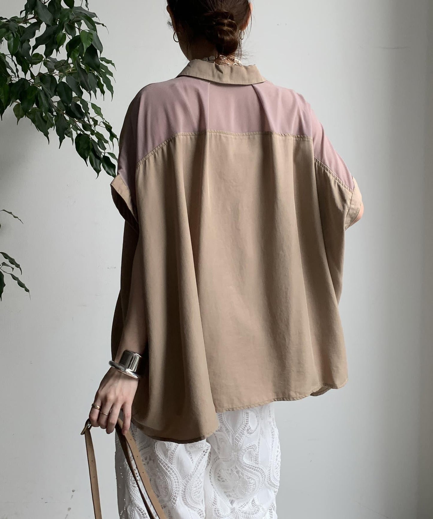 【限定】人造絲×喬其特拼接襯衫