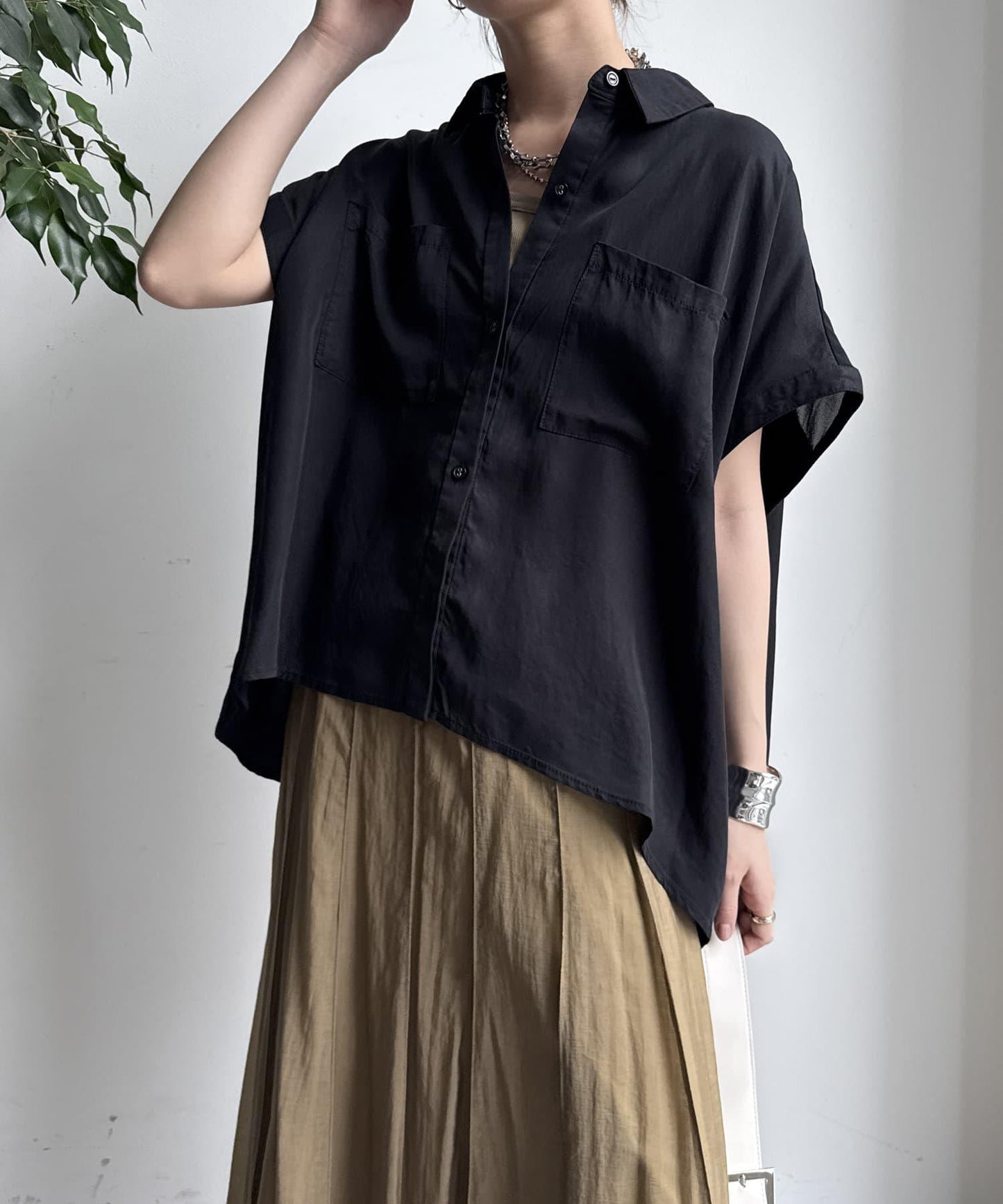 【限定】人造絲×喬其特拼接襯衫