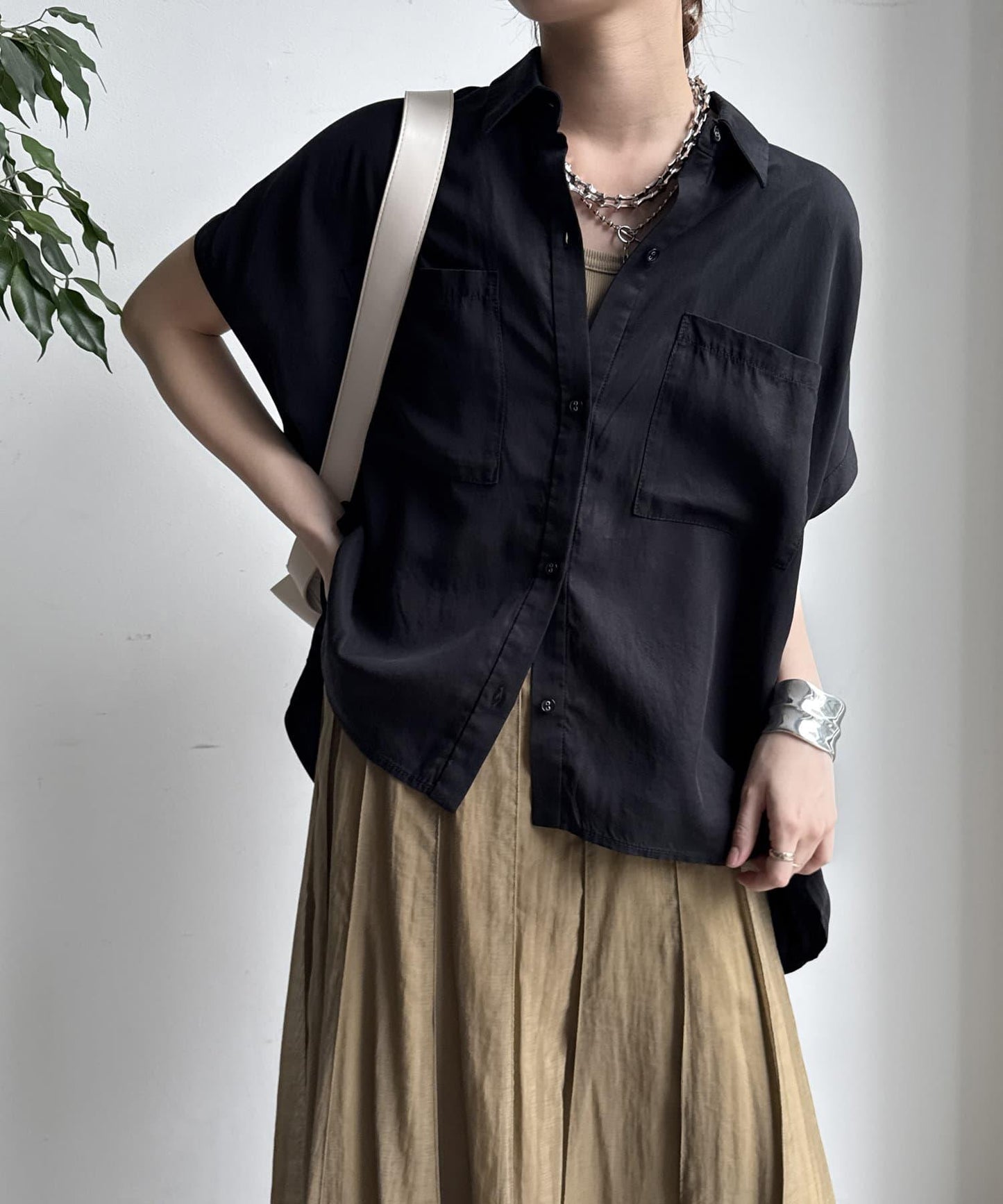 【限定】人造絲×喬其特拼接襯衫