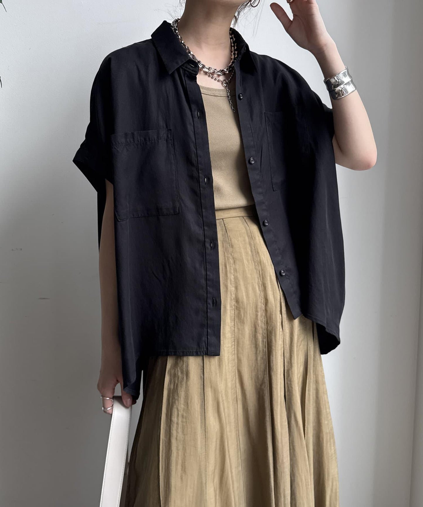 【限定】人造絲×喬其特拼接襯衫