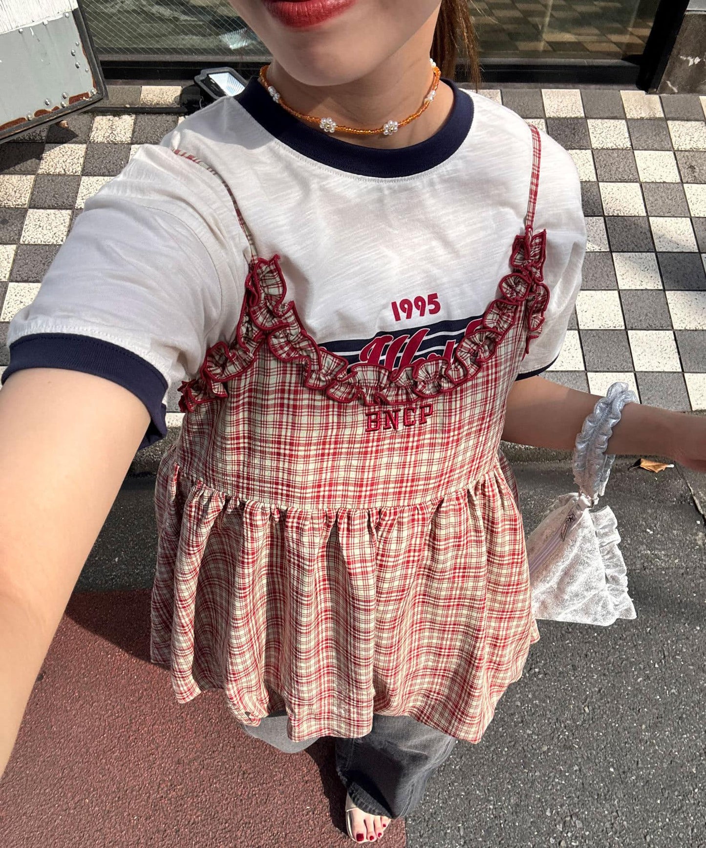荷葉邊格紋氣球吊帶背心