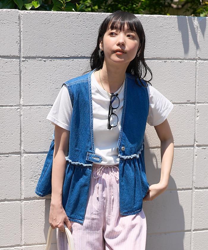 牛仔褲荷葉邊收褶馬甲