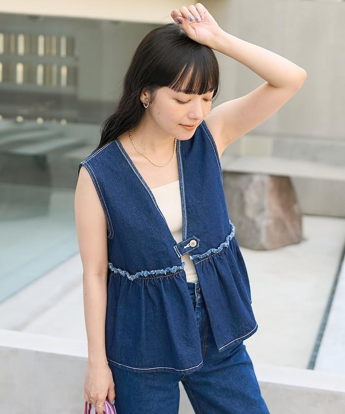 牛仔褲荷葉邊收褶馬甲