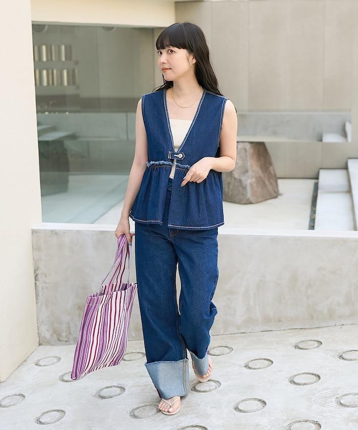 牛仔褲荷葉邊收褶馬甲