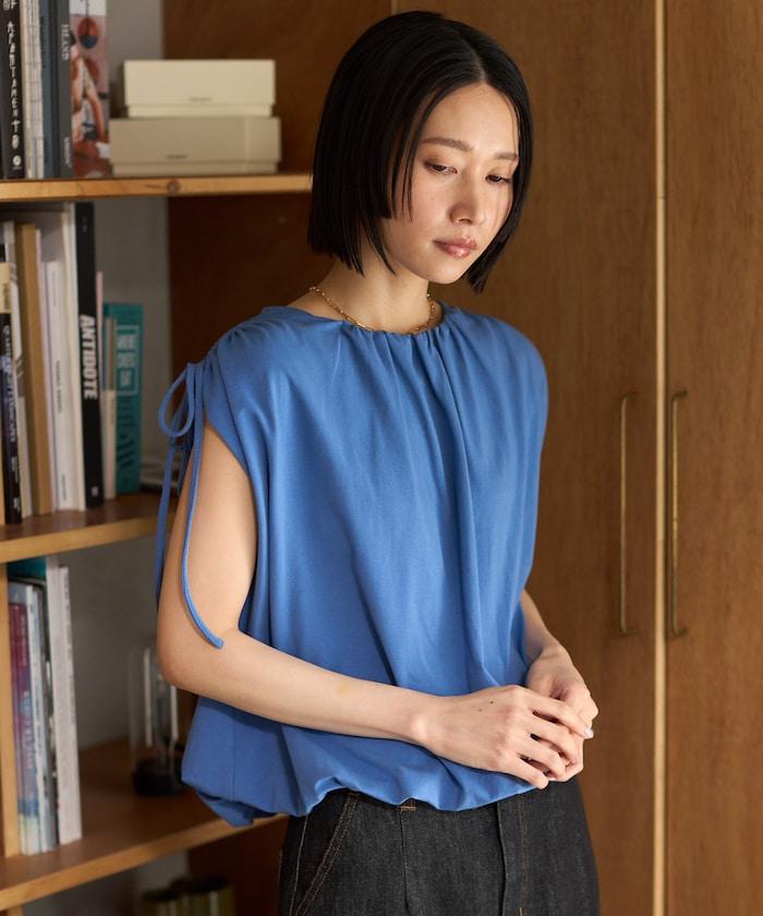 有機棉束褶垂墜上衣 / 法式短袖T恤 / 袖帶