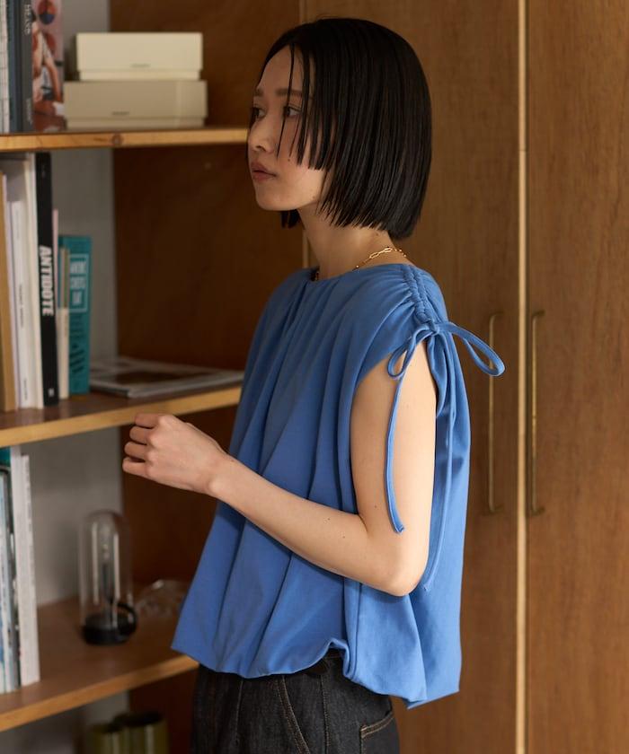 有機棉束褶垂墜上衣 / 法式短袖T恤 / 袖帶