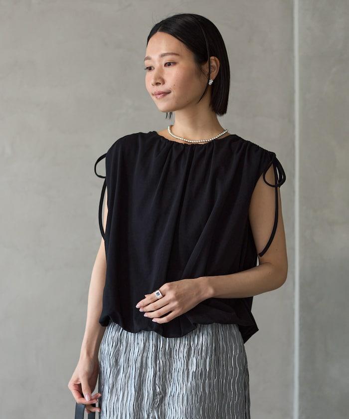 有機棉束褶垂墜上衣 / 法式短袖T恤 / 袖帶