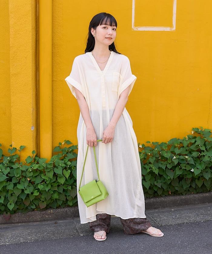 印度棉褶皺亨利領連衣裙