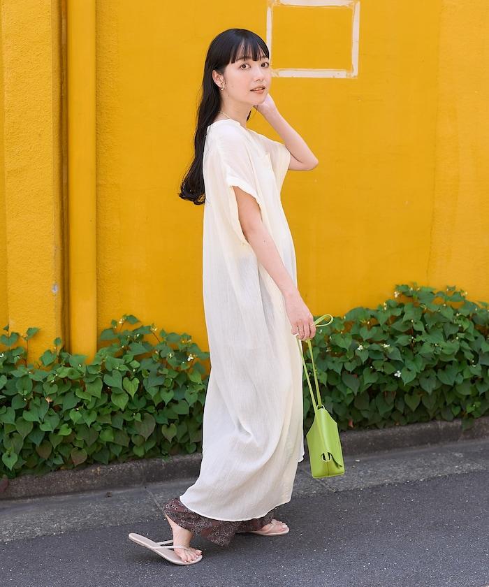 印度棉褶皺亨利領連衣裙