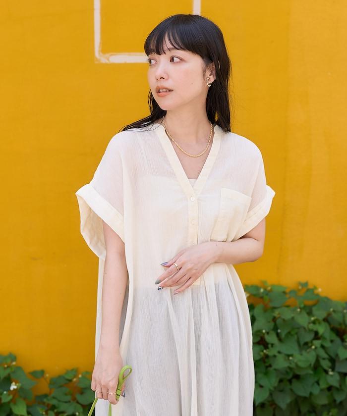 印度棉褶皺亨利領連衣裙