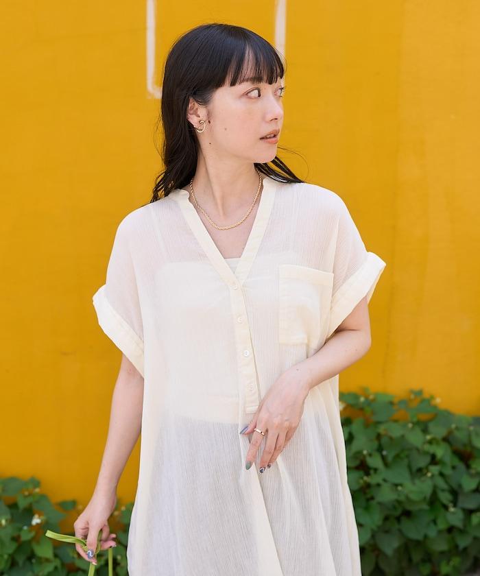 印度棉褶皺亨利領連衣裙