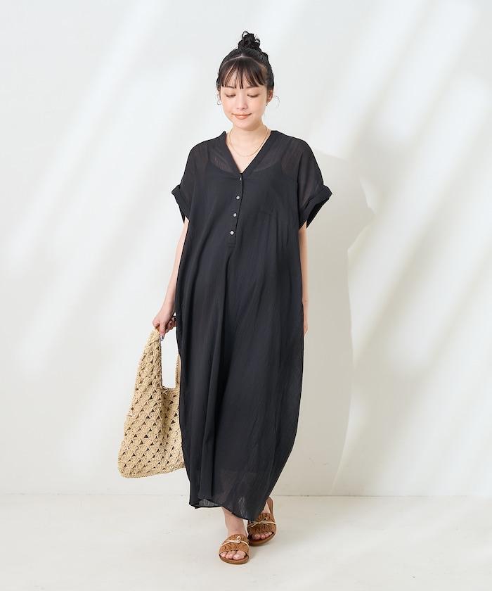 印度棉褶皺亨利領連衣裙