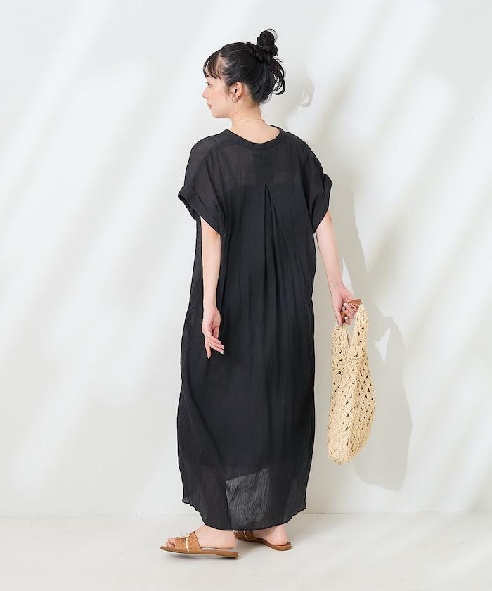 印度棉褶皺亨利領連衣裙