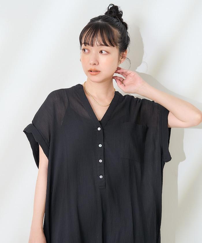 印度棉褶皺亨利領連衣裙