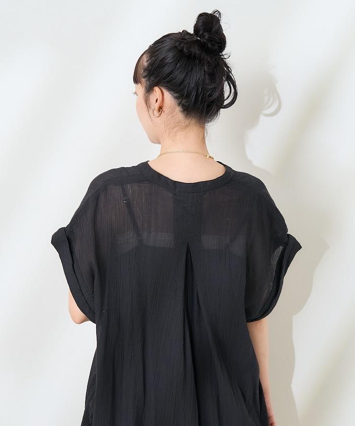 印度棉褶皺亨利領連衣裙