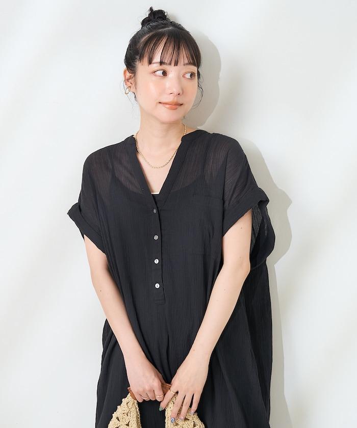 印度棉褶皺亨利領連衣裙