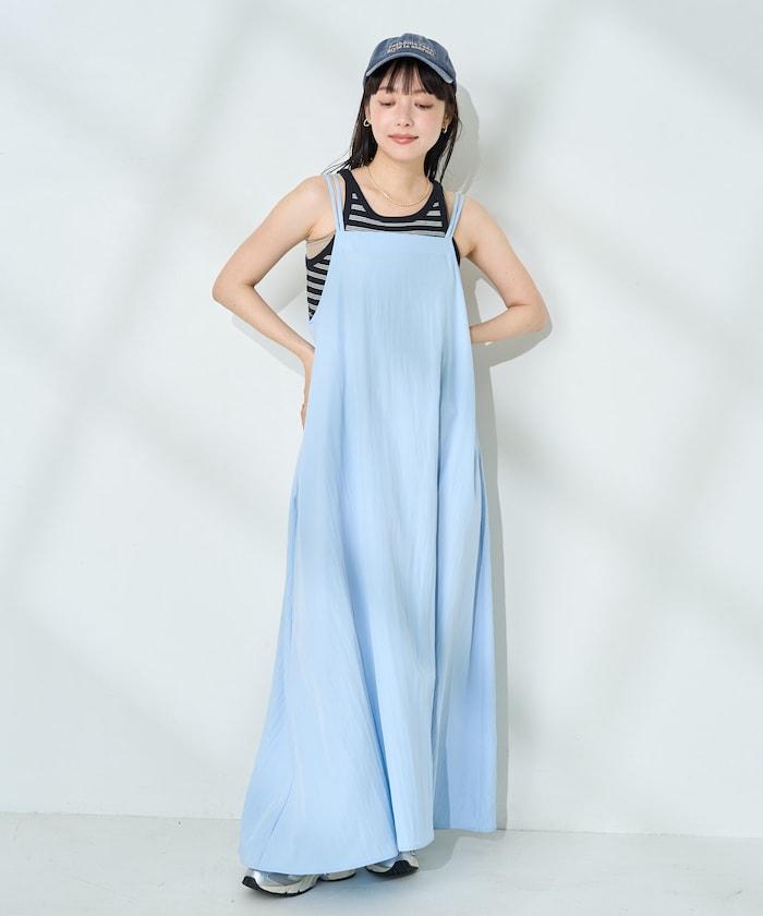 <接觸冷感>夏季涼爽 後蝴蝶結吊帶連衣裙