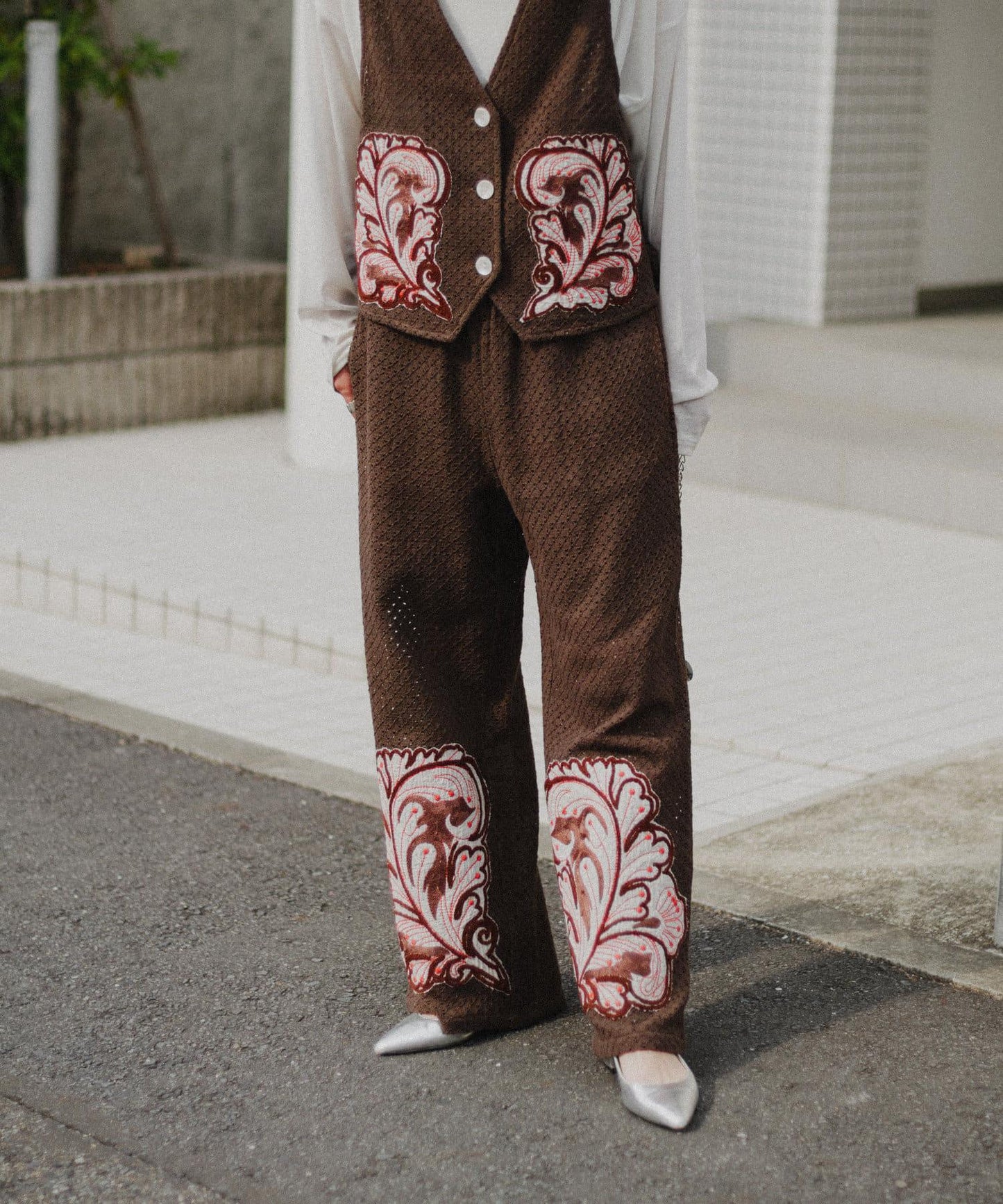 aguni拼接刺繡褲