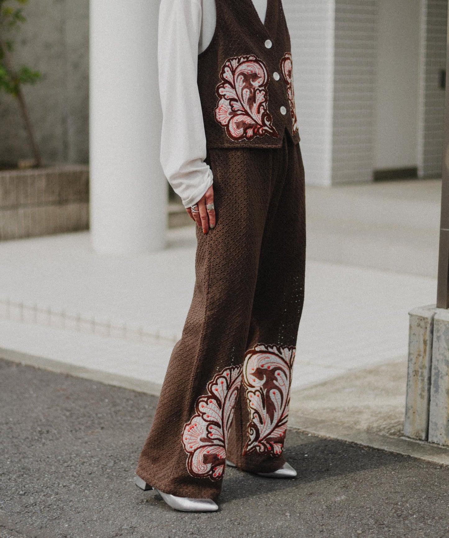 aguni拼接刺繡褲