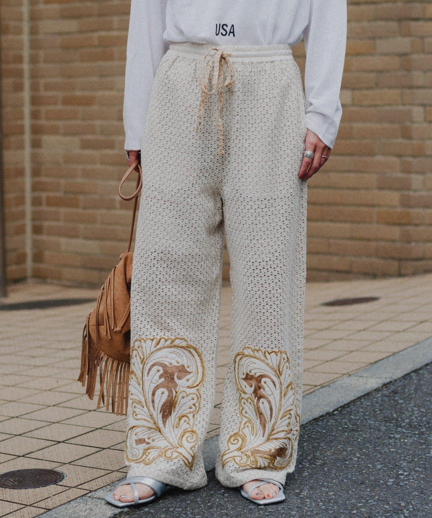 aguni拼接刺繡褲