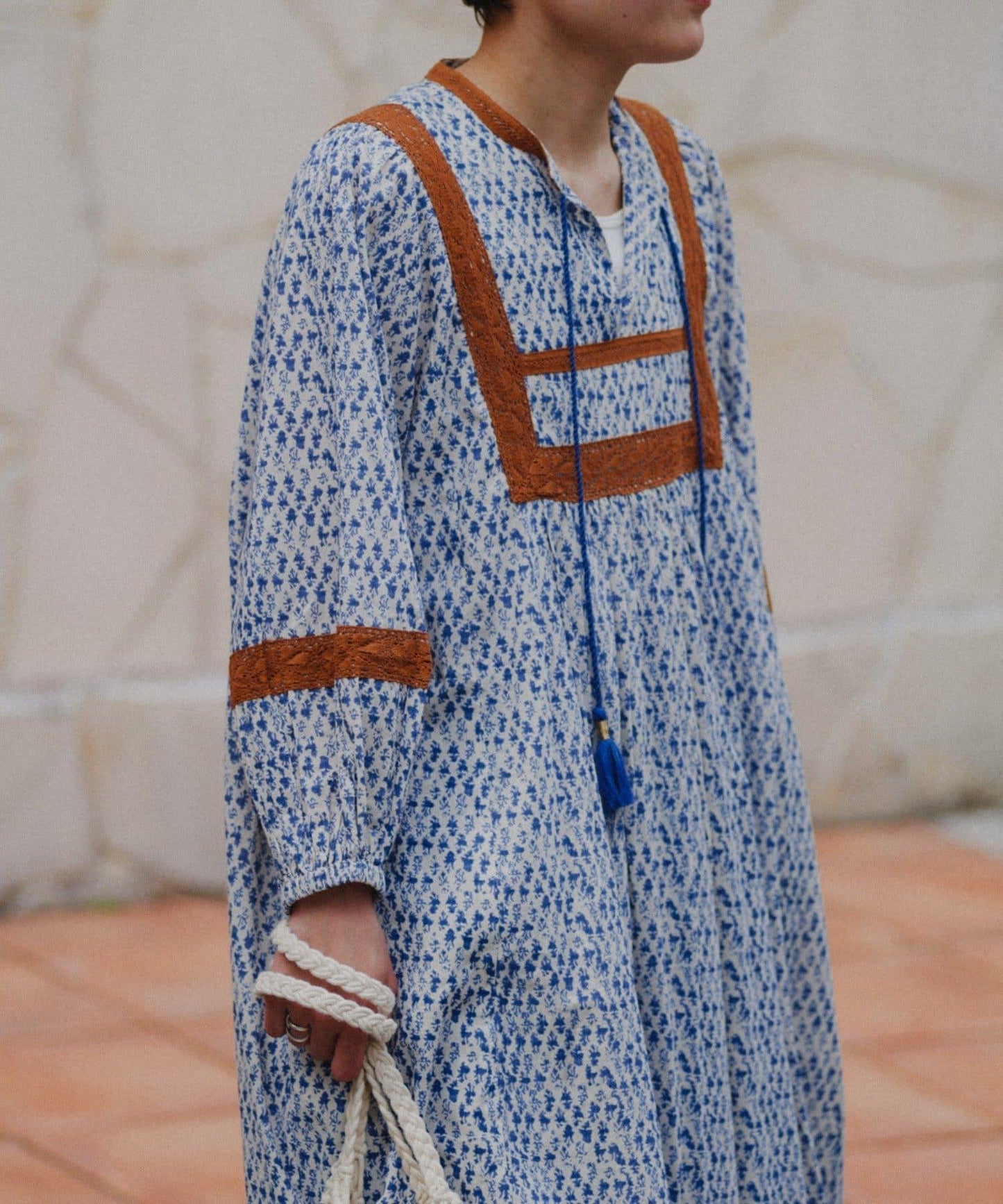 aguni配色花邊印花蓬鬆連衣裙