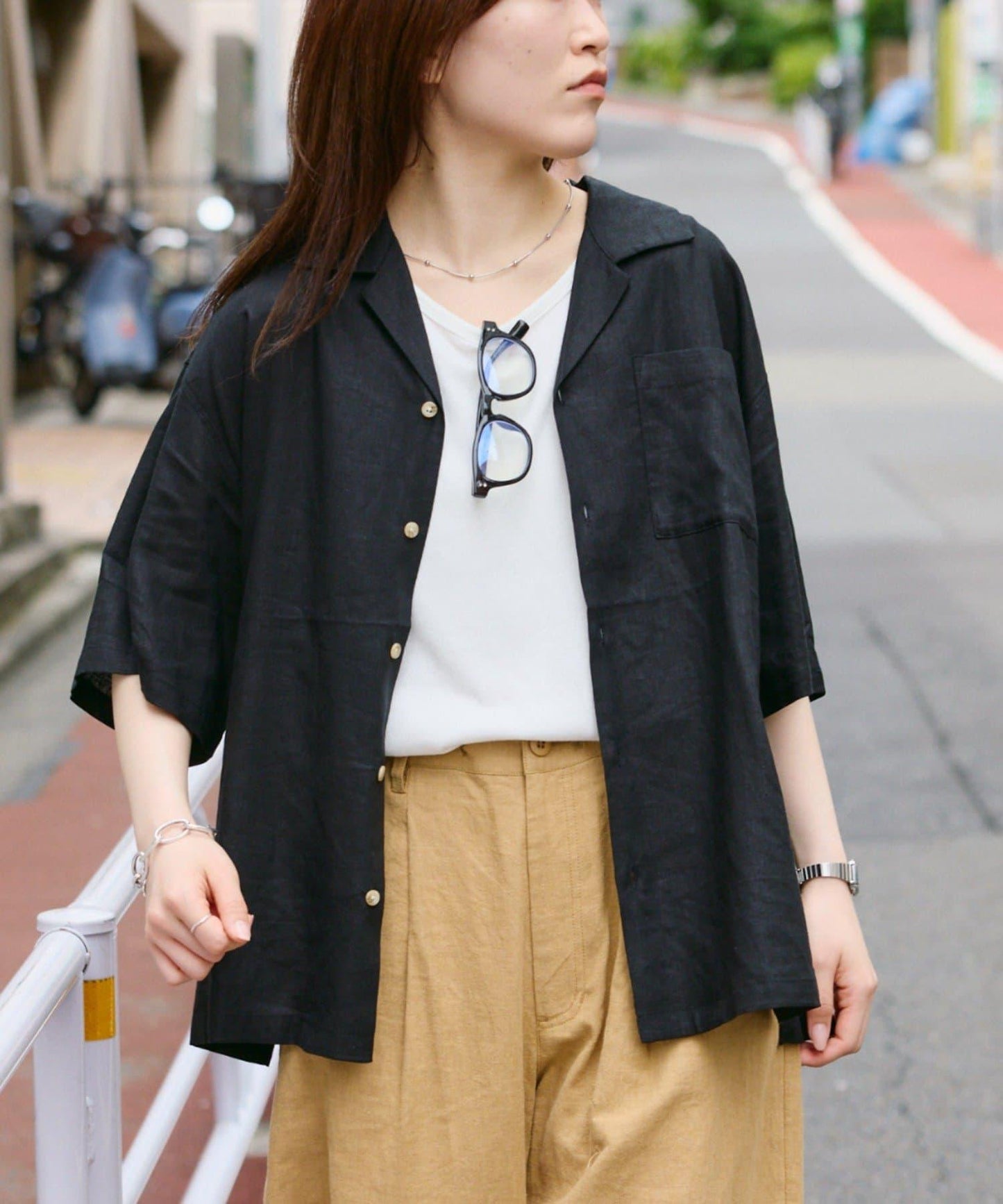 【男女通用】亞麻粘膠開領短袖襯衫