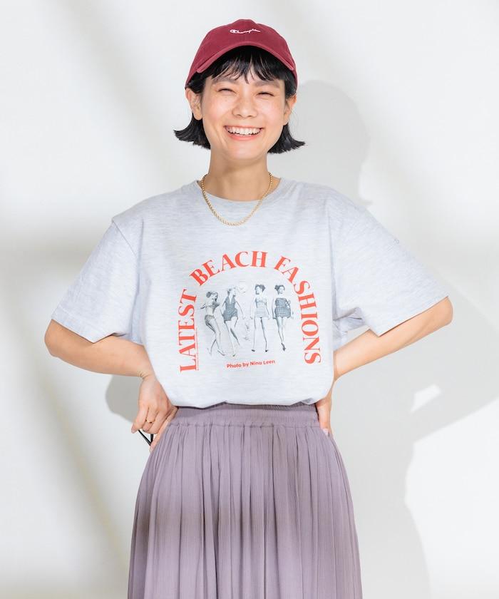 女孩子照片海灘拱形logo T恤