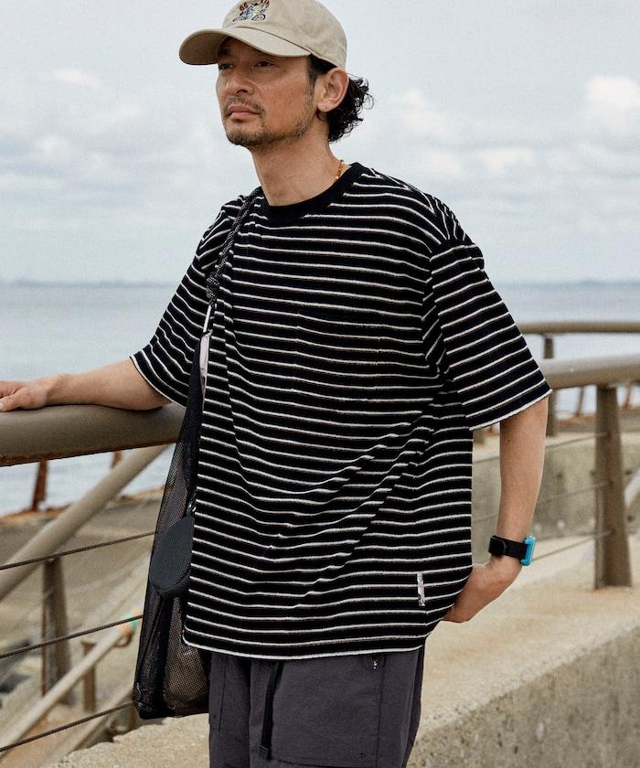 【海灘&節日】多色條紋毛巾 圓領 帶口袋T恤 短袖