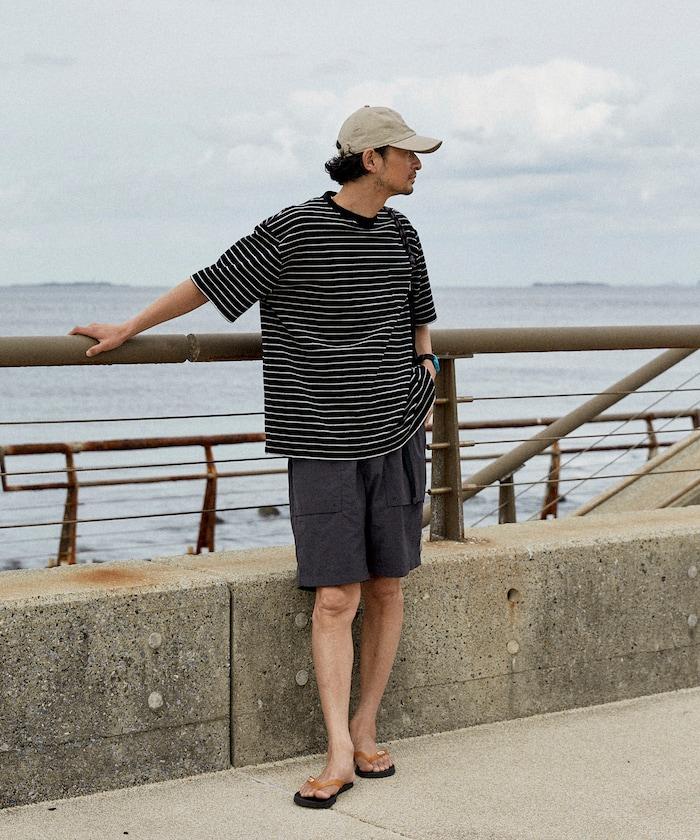 【海灘&節日】多色條紋毛巾 圓領 帶口袋T恤 短袖