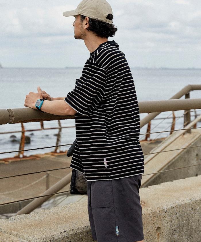 【海灘&節日】多色條紋毛巾 圓領 帶口袋T恤 短袖