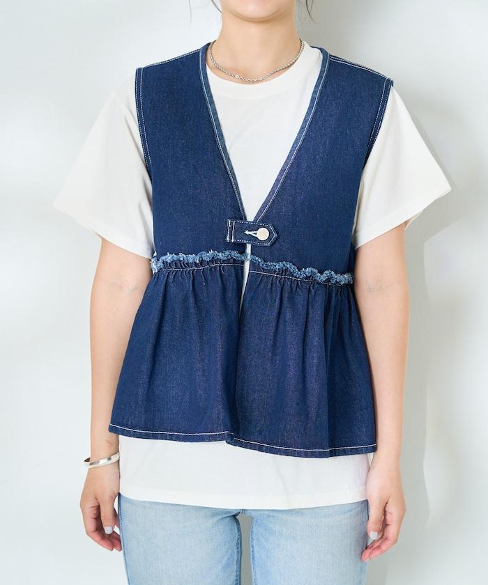 牛仔褲荷葉邊收褶馬甲